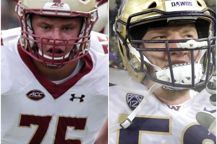 The Falcons selected Chris Lindstrom (left) from Boston College with the 14th pick before choosing University of Washington lineman Kaleb McGary (right) with the 31st pick. 