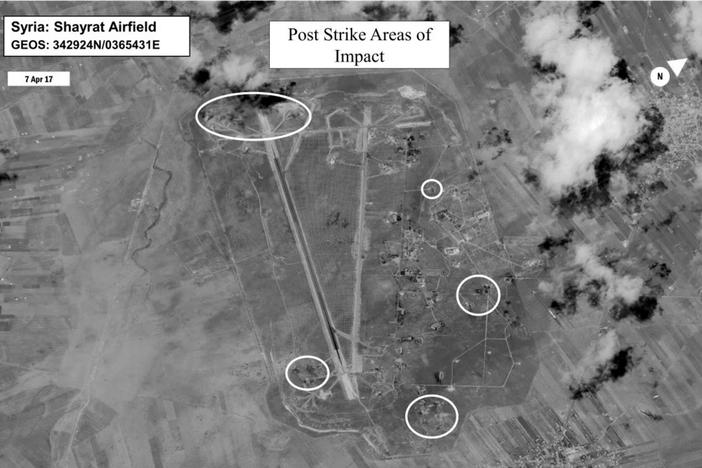A damage assessment image of Shayrat air base in Syria, following U.S. Tomahawk Land Attack Missile strikes on April 7, 2017 from the USS Ross and USS Porter, Arleigh Burke-class guided-missile destroyers. 