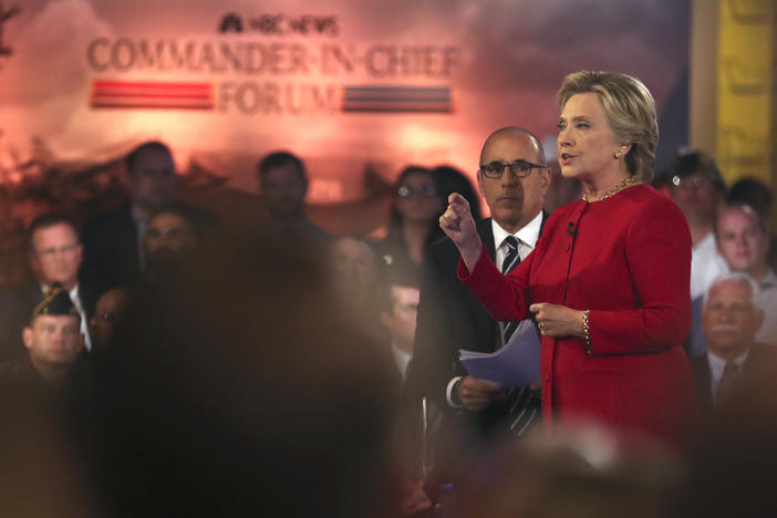 Democratic presidential candidate Hillary Clinton speaks during a "commander in chief forum" hosted by NBC in New York on Wednesday, Sept. 7, 2016.