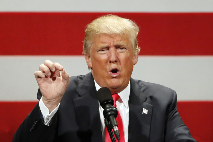 Republican presidential candidate Donald Trump speaks at a rally at the Milwaukee Theatre Monday, April 4, 2016, in Milwaukee.