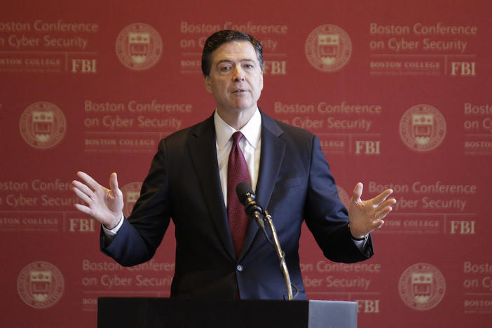 FBI Director James B. Comey gestures as he delivers an address on cyber security at the first Boston Conference of Cyber Security at Boston College Wednesday, March 8, 2017, in Boston. 