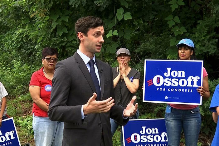 Democrat Jon Ossoff addresses supporters outside of the East Roswell Library in Roswell, Ga., Tuesday, May 30, 2017.