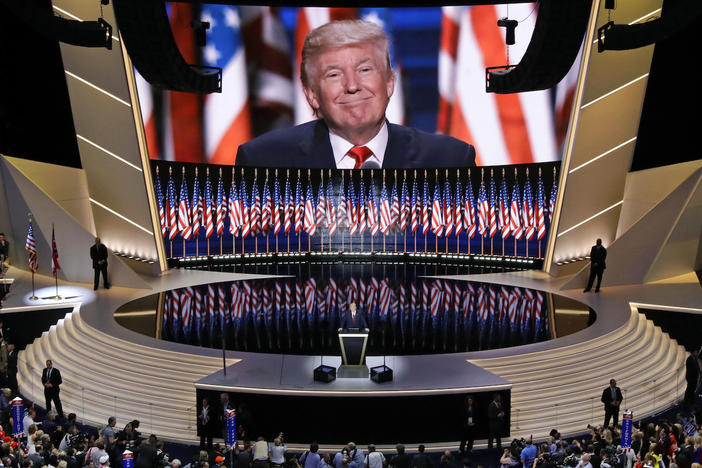 Republican presidential candidate Donald Trump smiles as he addresses delegates during the final day session of the Republican National Convention in Cleveland, Thursday, July 21, 2016.