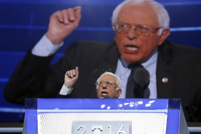 Former Democratic Presidential candidate, Sen. Bernie Sanders, I-Vt., speaks during the first day of the Democratic National Convention in Philadelphia , Monday, July 25, 2016.