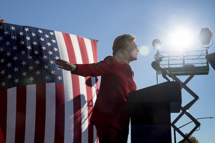 Democratic presidential candidate Hillary Clinton speaks at a rally at the Cathedral of Learning at the University of Pittsburgh in Pittsburgh, Pa., Monday, Nov. 7, 2016.