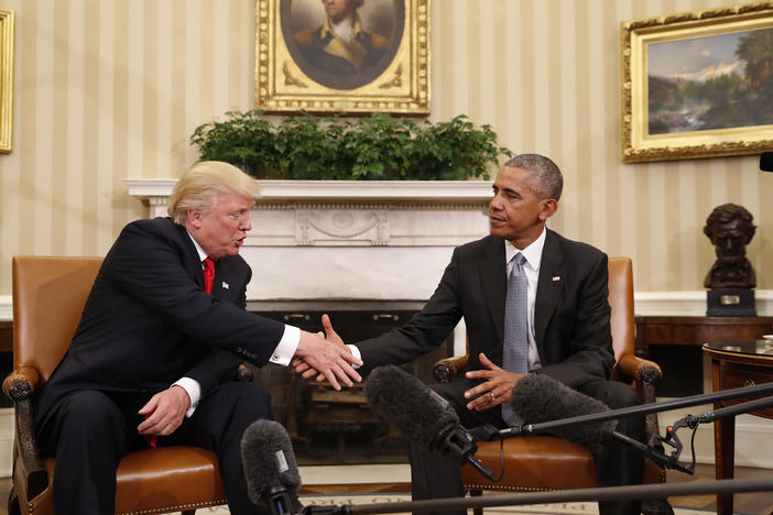 President Barack Obama shakes hands with President-elect Donald Trump in the Oval Office of the White House in Washington, Thursday, Nov. 10, 2016.