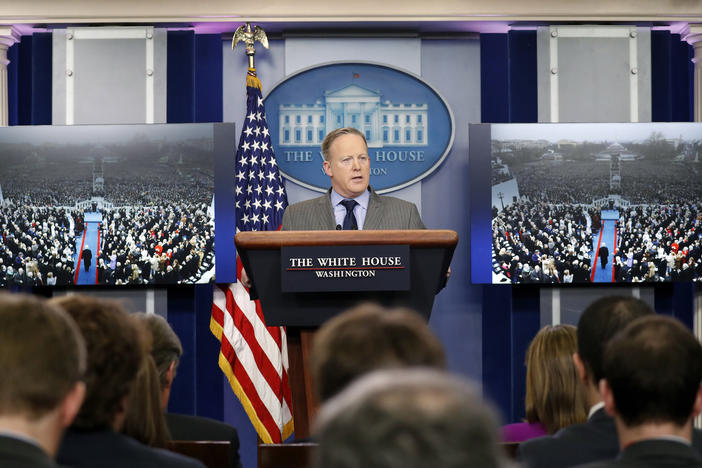 White House press secretary Sean Spicer speaks at the White House, Saturday, Jan. 21, 2017 in Washington.