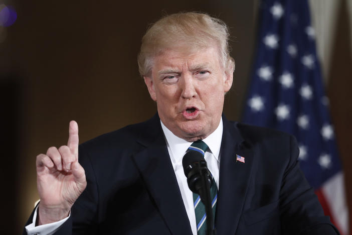 President Donald Trump speaks during a joint news conference with German Chancellor Angela Merkel in the East Room of the White House in Washington, Friday, March 17, 2017. 