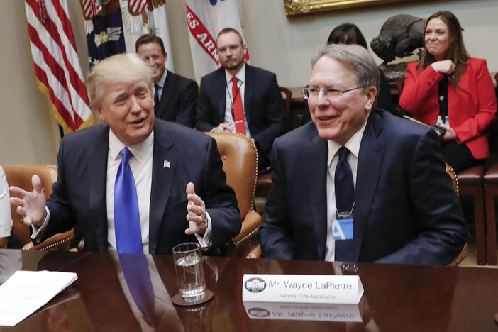 President Donald Trump speaks during a meeting in the Roosevelt Room of the White House in Washington, Wednesday, Feb. 1, 2017. On the right is National Rifle Associations (NRA) Executive Vice President and Chief Executive Officer Wayne LaPierre. 