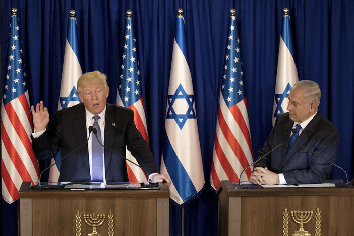 US President Donald Trump talks during a briefing after his meeting with Israeli Prime Minister Benjamin Netanyahu, right, in Jerusalem, Monday, May 22, 2017. 