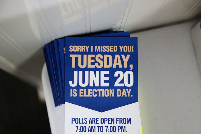 Pamphlets sit outside the campaign office of Jon Ossoff, Democratic candidate for Georgia's 6th congressional district in Chamblee, Ga., Monday, June 19, 2017.