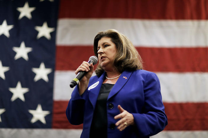 Republican candidate for 6th congressional district Karen Handel speaks at a campaign event where she was joined by House Speaker Paul Ryan in Dunwoody, Ga., Monday, May 15, 2017. 