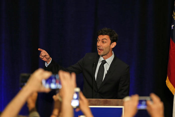 Democratic candidate for Georgia's Sixth Congressional Seat Jon Ossoff speaks to supporters during an election-night watch party Tuesday, April 18, 2017, in Dunwoody, Ga. 