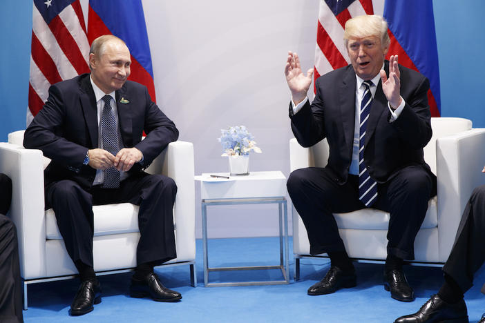 President Donald Trump speaks during a meeting with Russian President Vladimir Putin at the G20 Summit, Friday, July 7, 2017, in Hamburg.