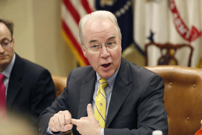 In this June 21, 2017 file photo, Health and Human Services Secretary Tom Price speaks during a listening session in the Roosevelt Room of the White House, in Washington. 