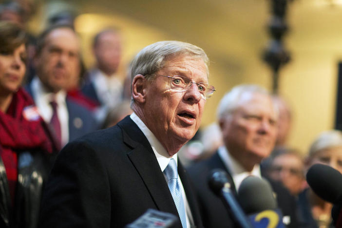 In this Nov. 17, 2014 file photo, Sen. Johnny Isakson, R-Ga., speaks at the state Capitol in Atlanta. Recent public polls show Isakson has a lead on Democrats' first-time candidate Jim Barksdale.