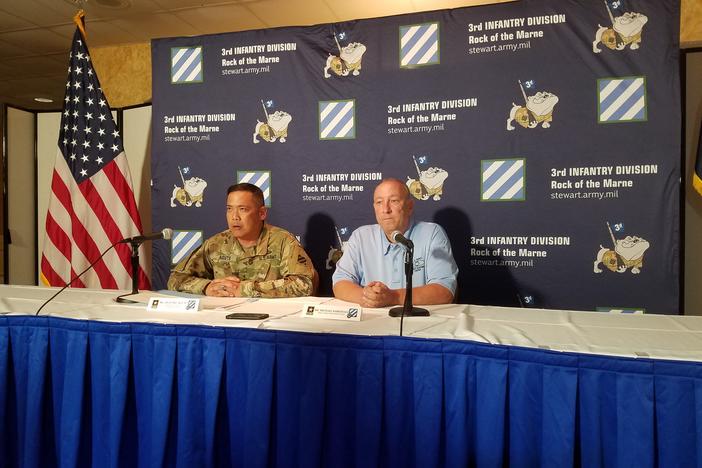 Maj. Gen. Antonio Aguto (left), commanding general of the Third Infantry Division, and Michael Barksdale of the Army Combat Readiness Center deliver a briefing on the training deaths of three soldiers at Fort Stewart.