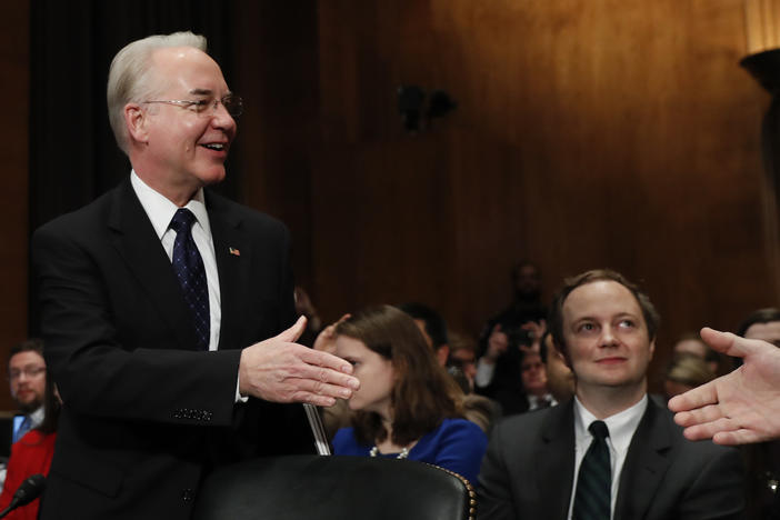 Health and Human Services Secretary-designate, Rep. Tom Price, R-Ga., left, is greeted on Capitol Hill in Washington, Wednesday, Jan. 18, 2017, prior to testifying his confirmation hearing before the Senate Health, Education, Labor and Pensions Committee.