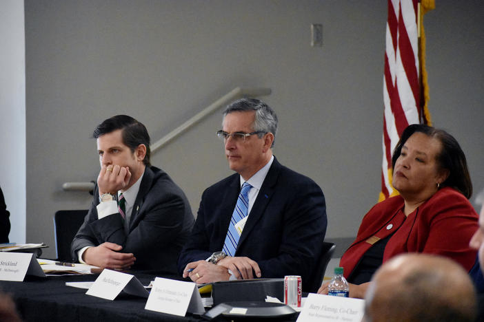 From left to right: Senator Brian Strickland (R - McDonough), Incoming Secretary of State Brad Raffensperger and Interim Secretary of State Robyn Crittenden at the Secure Accessible & Fair Elections (SAFE) Commission meeting in Macon.