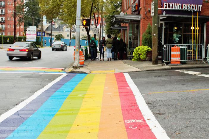 A temporary rainbow crossing at 10th and Piedmont in Atlanta. There's a plan to make this design permanent.