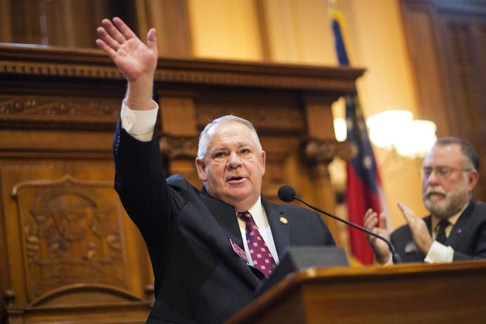 Georgia House Speaker David Ralston waves after being reelected on the first day of the legislative session in the House Chamber of the State Capitol, Monday, Jan. 12, 2015, in Atlanta.