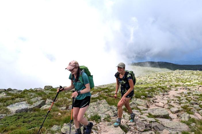 Mary Szatkowski (front) and Kristen Glennie of Maine on the final stretch of the Appalachian Trail in Maine's Baxter State Park. The two women began the 2,200-mile journey on Feb. 29 in Georgia.