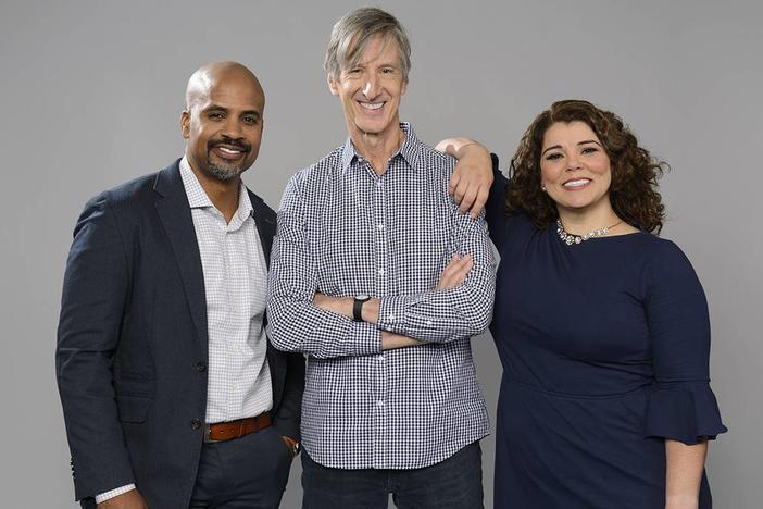 Host Masud Olufani, Contributor Andy Borowitz and Host Celeste Headlee
