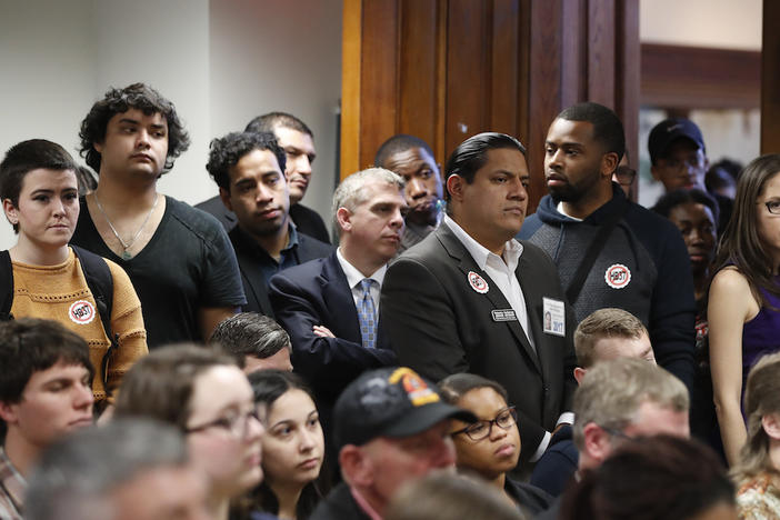 A crowd gathers to hear discussion about HB 37 during a meeting of the House Committee on Higher Education Feb. 1, 2017, in Atlanta. Under the bill private colleges that don't cooperate with federal immigration authorities would lose state funding.