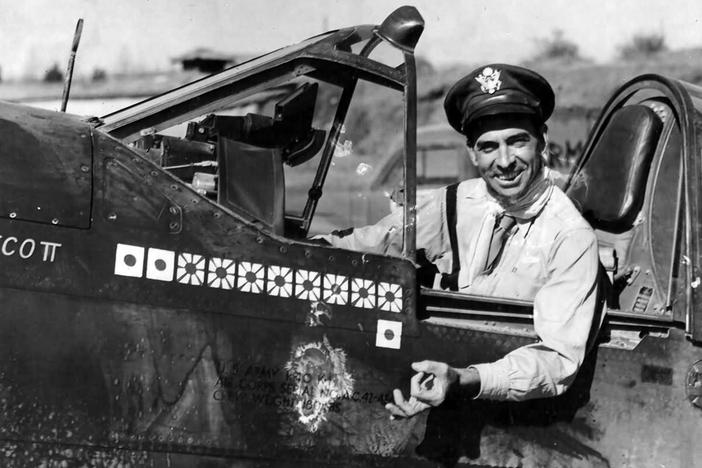 Colonel Robert L. Scott Jr. in his Curtiss P-40 Warhawk in 1943.