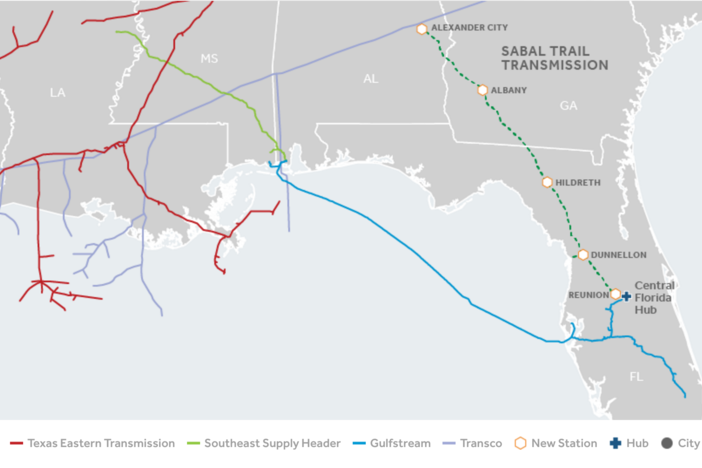 The path the Sabal Trail pipeline will trace though southwest Georgia as it makes makes its way from Alabama to deliver gas to customers in Florida.