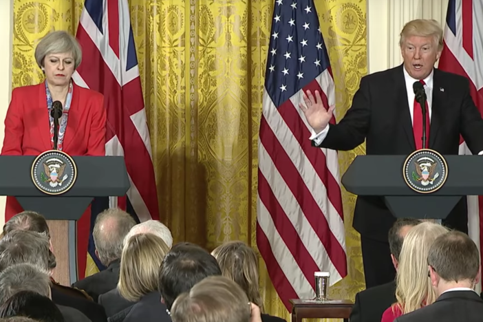 President Donald Trump speaks during a news conference with British Prime Minister Theresa May in the East Room of the White House in Washington, Friday, Jan. 27, 2017.