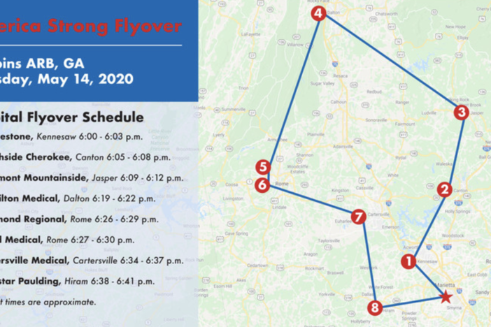 A map showing the approximate locations for the flyover honoring Georgia health care workers, first responders and essential workers for their efforts during the ongoing coronavirus pandemic.