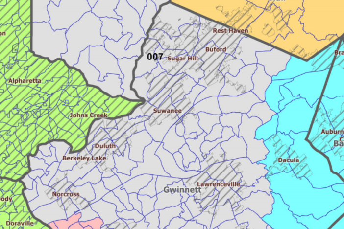 Georgia's 7th Congressional district (light purple) encompasses large sections of Forsyth and Gwinnett counties. Incumbent Rob Woodall will not contest the seat in 2020, leaving the race wide open between Democrats and Republicans. 