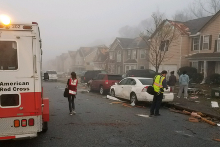 Damage in the Jumpers Trail neighborhood in Fairburn suffered significant damage overnight. 