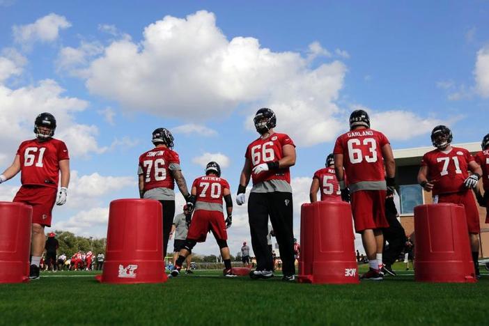 The Atlanta Falcons practice at Rice University in Houston as the team prepares to take on the New England Patriots in Super Bowl LI.