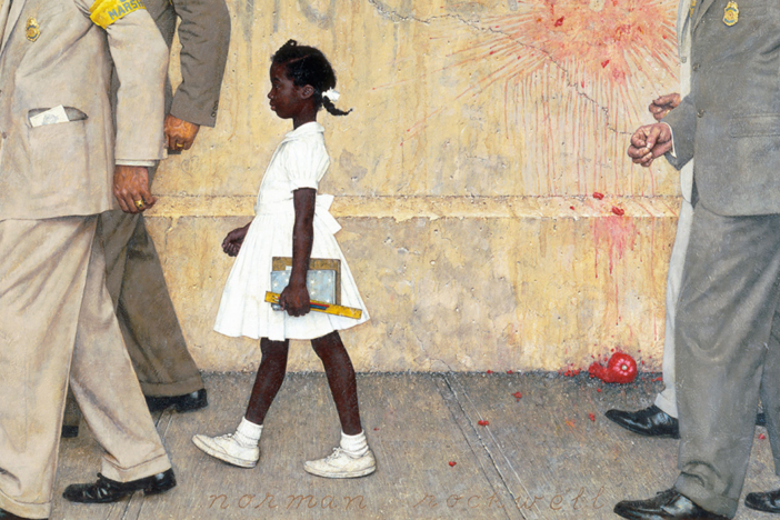 The 1964 Norman Rockwell painting "The Problem We All Live With" depicts six-year-old Ruby Bridges walking to desegregate an all-white public school in New Orleans, Louisiana.