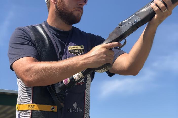 Vincent Hancock aims to fire while practicing at his home range, Fort Worth Trap and Skeet Club, preparing for the 2020 Tokyo Olympics. 