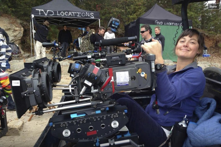 FILE - This undated file photo originally released by Richard Jones shows Sarah Jones on location for the television series, "The Vampire Diaries." Jones was killed during a film shoot on a train trestle in Georgia in February 2014.