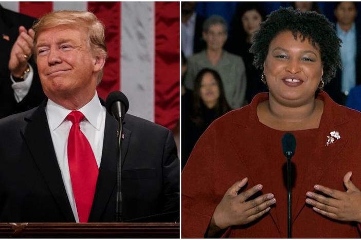Left, President Donald Trump gives his State of the Union address. Right, Stacey Abrams delivers the Democratic party's response.