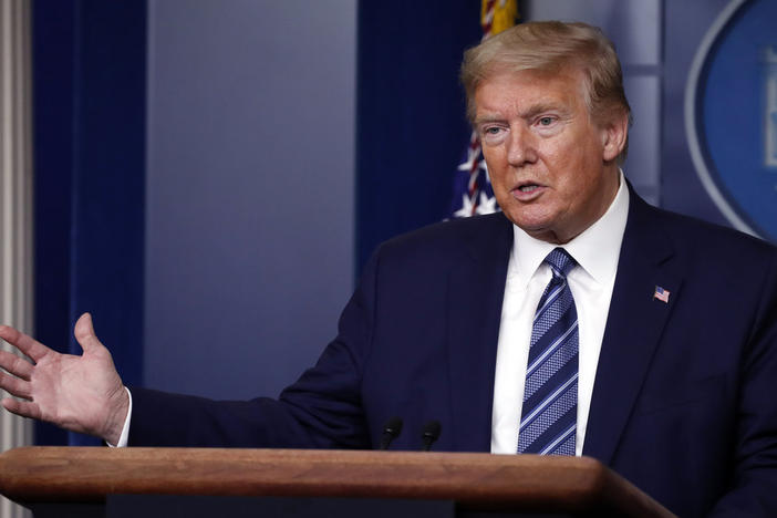 President Donald J. Trump speaks at a White House press briefing.
