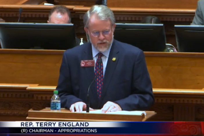 Rep. Terry England discusses allocating aid to fight COVID-19 at the Georgia state capitol in Atlanta on Thursday.