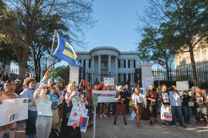 A crowd of around 500 protest against House Bill 1523 outside the Governor's office in the state Capitol during a rally by the Human Rights Campaign on Monday, April 4, 2016 in Jackson, Miss. 