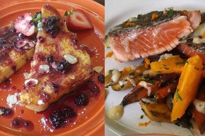 Two dishes with marijuana that were made by Atlanta chef "Jean," who wishes to use an alias for legal reasons. On the left, there is seared citrus salmon French Toast with marijuana blackberry syrup, and on the right there is a seared citrus salmon.
