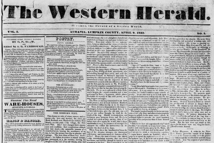 The front page of the first issue of the Western Herald, the newspaper in the gold rush town of Auraria, Georgia. 
