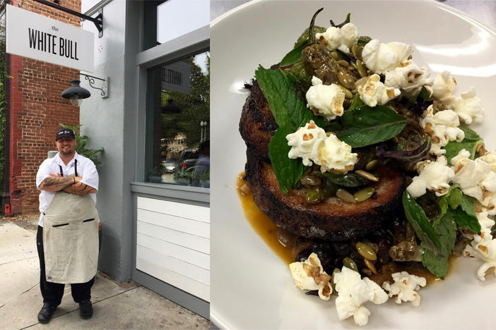 At The White Bull, Chef Pat Pascarella serves farm-to-table dishes like Ossabaw porcetta with shishito peppers, mustard seed crema and popcorn, pictured above. 