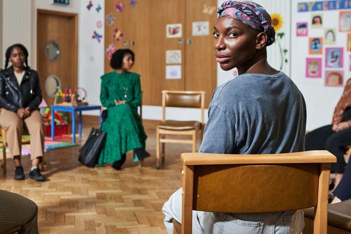 Arabella (Michaela Coel) attends a support meeting with other survivors of sexual assault on HBO's<em> I May Destroy You. </em>Coel, the show's creator, writer, director and star, based the series on a personal experience.