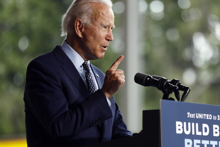 Democratic presidential candidate Joe Biden speaks in Dunmore, Pa., on July 9, at one of the few in-person events he's holding. Despite a low-key approach to campaigning, he's built a lead over President Trump in key battleground states.