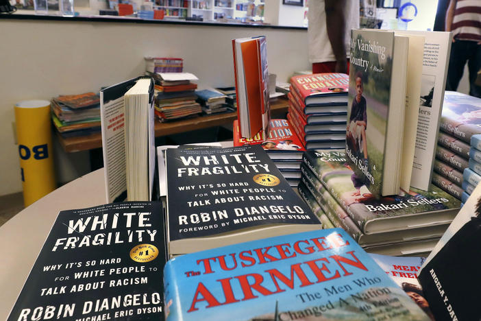 <em>White Fragility</em> on display in June at the Frugal Bookstore in Boston. John McWhorter says the book is condescending toward Black people.