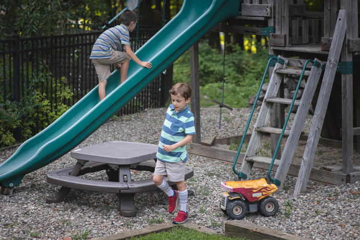 Conner Curran, 9, (right) and his brother Will, 7, at their home in Ridgefield, Conn., this week. The gene therapy treatment that stopped the muscle wasting of Conner's muscular dystrophy two years ago took more than 30 years of research to develop.