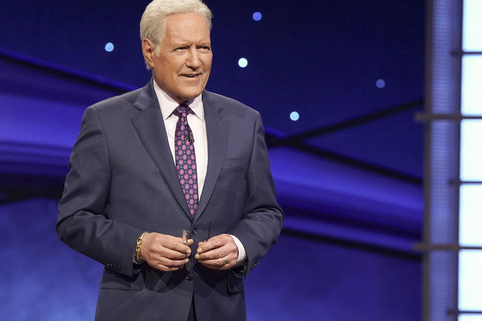 Alex Trebek on the set of Jeopardy! on Dec. 19, 2019.